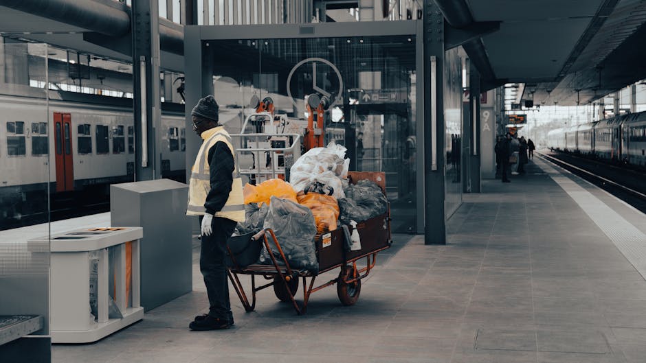 A person with grey hair, dressed in a grey jacket, stands on a concrete platform near a set of blue stairs leading down to train tracks at an outdoor station. They are pushing a trolley with a red bag